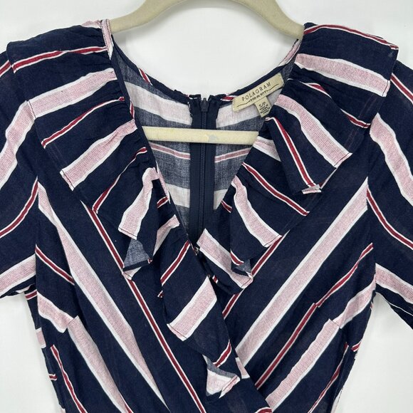 3/$25 Polagram‎ Striped Wide Leg Pants Jumpsuit S Ruffle Trim Navy Blue - Picture 4 of 6